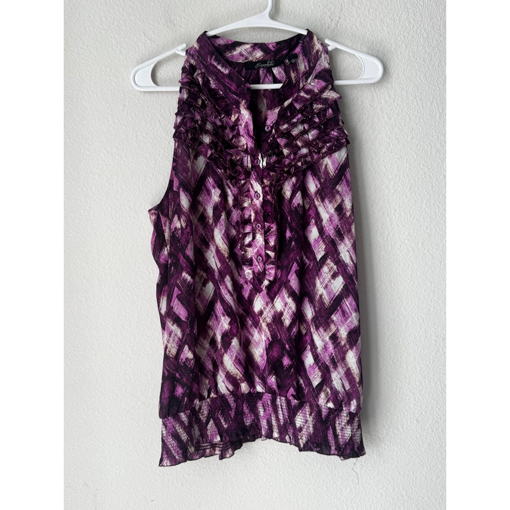 Essentials by Milano Purple Abstract Ruffle Neck Smocked Blouse Large Sleeveless